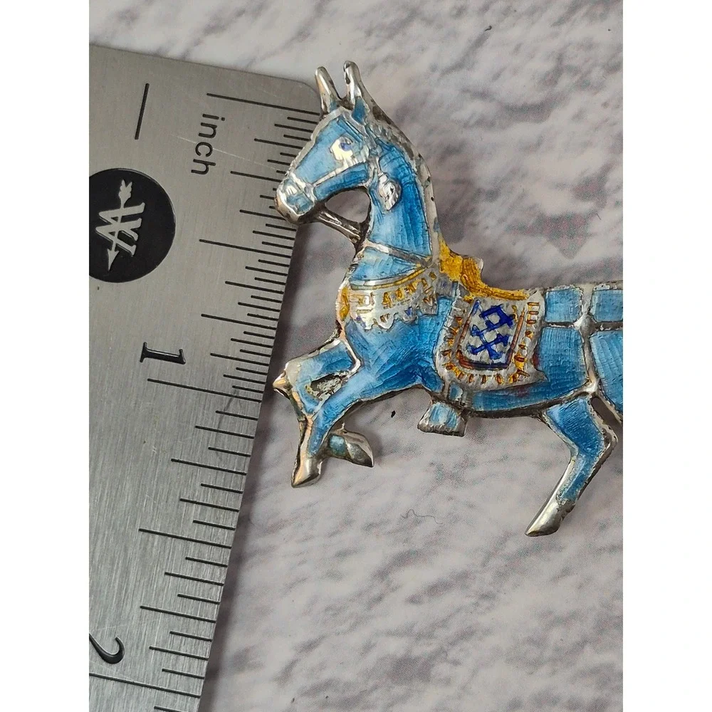 Siam Sterling Vintage Blue Enamel Horse Brooch Pin Equestrian Silver Jewelry